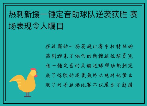 热刺新援一锤定音助球队逆袭获胜 赛场表现令人瞩目