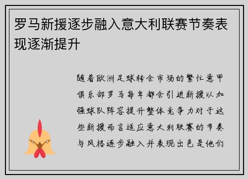 罗马新援逐步融入意大利联赛节奏表现逐渐提升