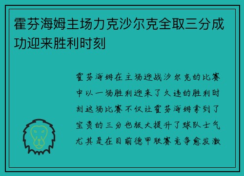 霍芬海姆主场力克沙尔克全取三分成功迎来胜利时刻