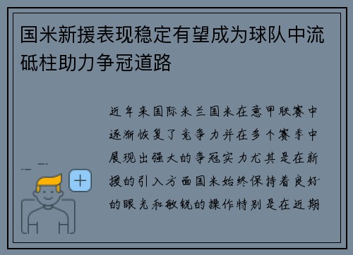 国米新援表现稳定有望成为球队中流砥柱助力争冠道路