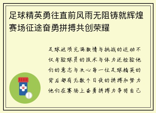 足球精英勇往直前风雨无阻铸就辉煌赛场征途奋勇拼搏共创荣耀